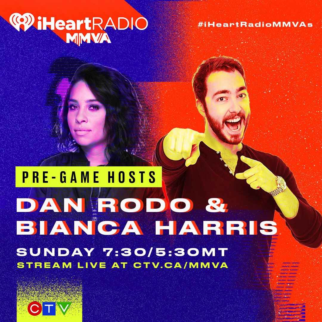 Much's tweet photo. #MuchCreators Dan Rodo and Bianca Harris host the #iHeartRadioMMVAs Pre-Game, streaming worldwide at https://t.co/qKJCxmAS4S this Sunday at 7:30/5:30MT. https://t.co/XbRIuYIwNA
