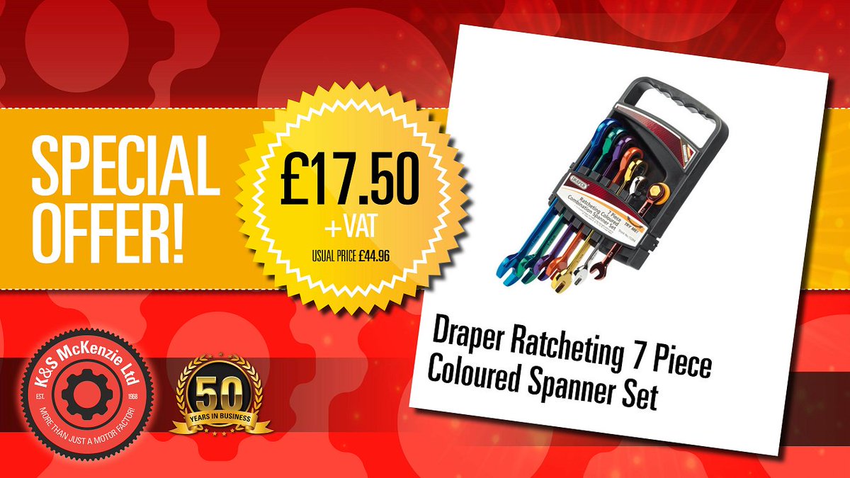 KandSMcKenzie's tweet image. Our offers page features this coloured 7 piece spanner set, plus many more items all at great prices. Click here to see more: kandsmckenzieltd.co.uk/offers #Draper #SpannerSet #SpecialOffer #Ratchet