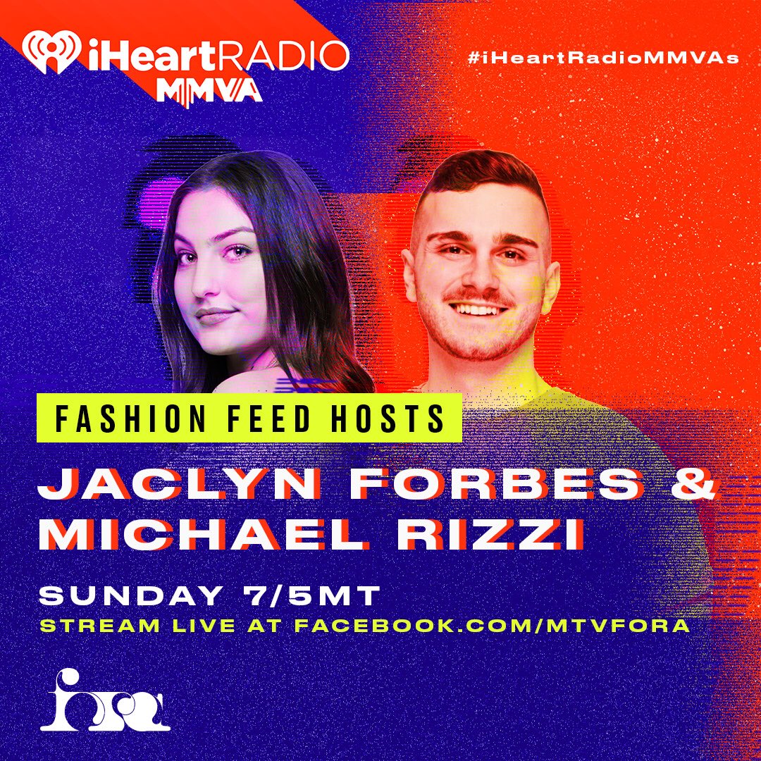 Much's tweet photo. #MuchCreators Jaclyn Forbes and Michael Rizzi host the #iHeartRadioMMVAs Fashion Feed, streaming worldwide at https://t.co/ppv9xCQF0e this Sunday at 7/5MT. https://t.co/VtnXPi14zc