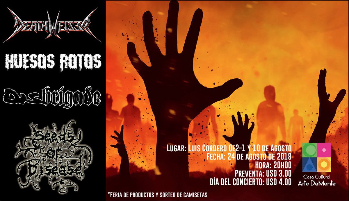 Deathweiser's tweet photo. PRÓXIMA PARADA #ROCKDEMENTE + #FERIADEBANDAS! 🤘🏼
Viernes 24 de Agosto a partir de las 21h00!
-
#deathweiser #huesosrots #seedsofdisease #disbrigade #thrashmetal #Ecuador #metalecuatoriano https://t.co/p09oH7fw5c