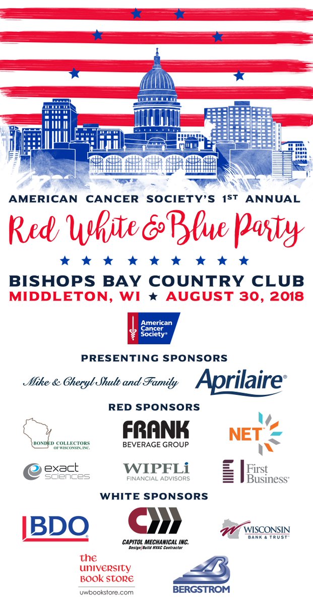 CvCWI's tweet photo. Don't forget! Join us next Thursday to support the fight against cancer during our ACS 2018 Red, White &amp; Blue Party! Enjoy food, drinks, live music, activities, and more. But hurry, tickets are selling fast! Visit https://t.co/mBCwnrUZBG to RSVP and get ready to party!  #RWBWI https://t.co/eiPJ4GKT6D