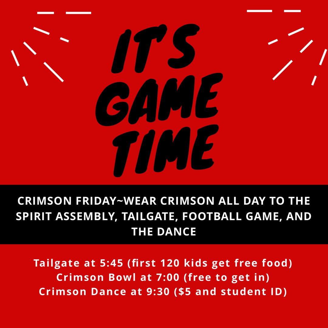 CrimsonCrowd's tweet photo. First game this year. Wear crimson all day, first 120 kids to the tailgate gate free food! Come show your support! Game starts a 7! https://t.co/7BrWyjCz2S