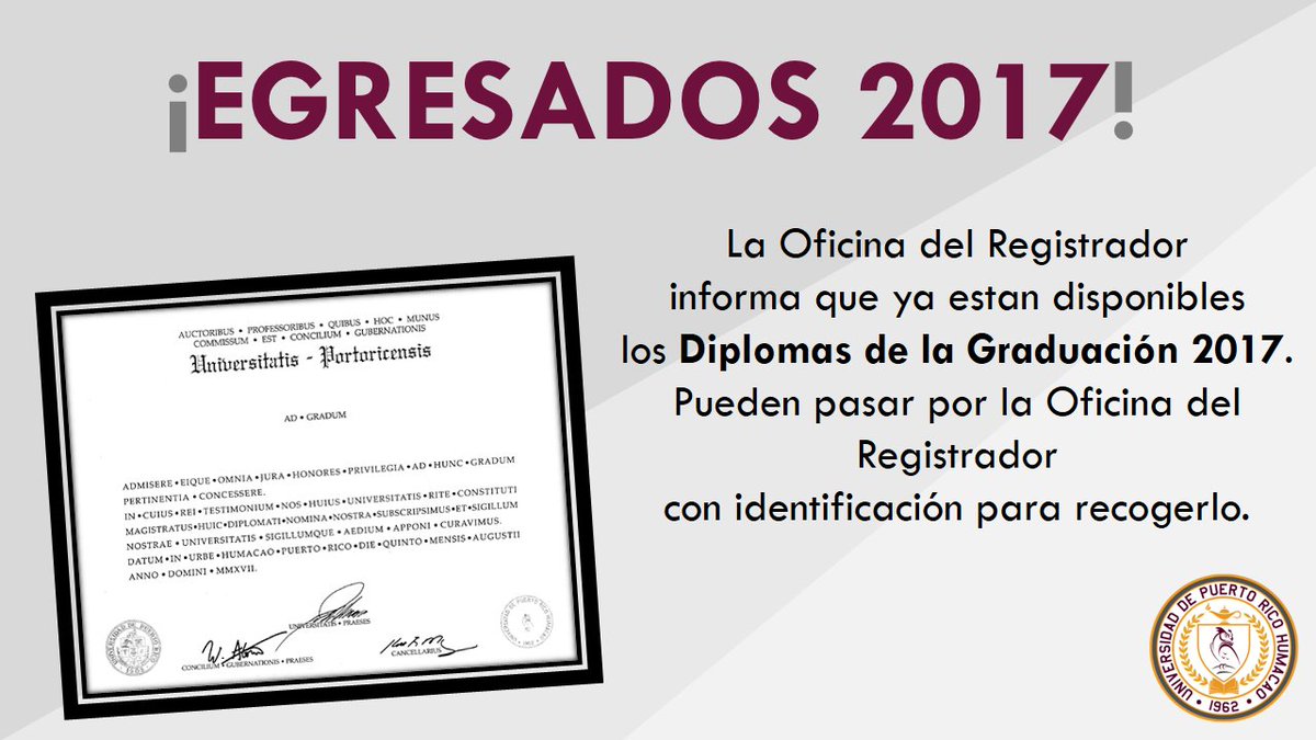 EstudiantilUPRH's tweet photo. #Diplomas2017 | La Oficina del Registrador informa que ya se encuentran disponibles los diplomas correspondientes a la graduación del 5 de agosto de 2017. Deben tener ID consigo para recogerlo.

#SiempreBúhos https://t.co/mjhYX2z4Xr