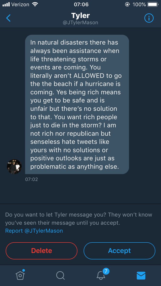 A DM from @JTylerMason telling me that he thinks I want rich people to die in natural disasters because they can flee while others can’t