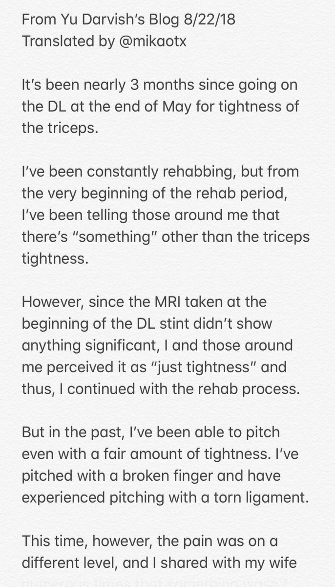 mikaotx's tweet image. Yu Darvish’s blog entry from 8/22/18. 
Translated to English by @mikaotx 

昨日のダルビッシュ選手のブログの内容を英訳をしてみました。