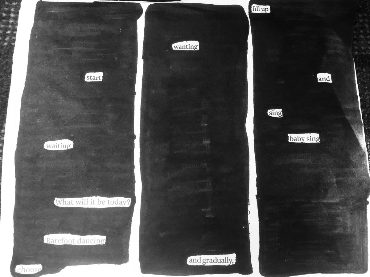 dorothydares's tweet photo. Loved the #SKFest blackout poetry workshop with @zazoothunder at @BGACentre today. Here’s my first ever blackout poem:
start waiting
What will it be today?
Barefoot dancing
choose wanting
and gradually
fill up
and
sing baby sing https://t.co/YXUGpdP9aK