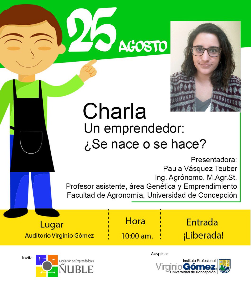 ASENUBLE's tweet photo. RT A 2 días de la 1 Asamblea de Emprendedores Ñuble!! Ven y participa. Estará con nosotros #PaulaVasquez con una entretenida y motivadora charla, dedicado a tod@s los #emprendedores Tod@s invitados! #Ñuble #bulnes #SanCarlos #quirihue #portezuelo #chillan @UdecChillan @GOB_NUBLE https://t.co/CTp84bqU29