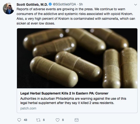 nickpwing's tweet image. FDA Commissioner Scott Gottlieb has tweeted 4 times about kratom today, sharing links “all from this week" about supposed kratom-related deaths, saying these reports are "growing in the press.” All of the stories cover the same set of deaths in Pennsylvania.