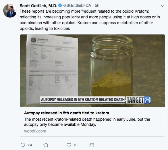 nickpwing's tweet image. FDA Commissioner Scott Gottlieb has tweeted 4 times about kratom today, sharing links “all from this week" about supposed kratom-related deaths, saying these reports are "growing in the press.” All of the stories cover the same set of deaths in Pennsylvania.