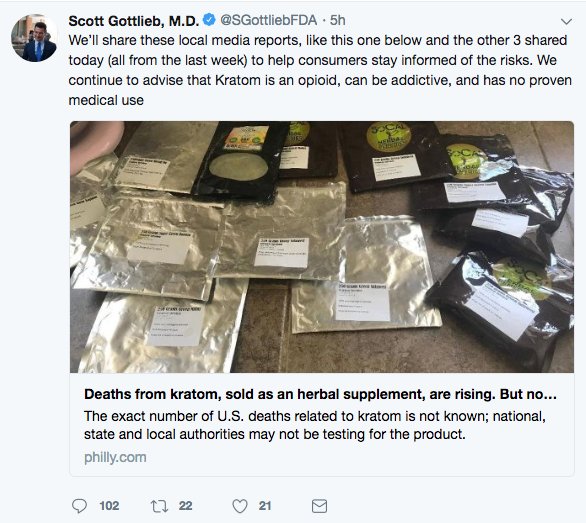 nickpwing's tweet image. FDA Commissioner Scott Gottlieb has tweeted 4 times about kratom today, sharing links “all from this week" about supposed kratom-related deaths, saying these reports are "growing in the press.” All of the stories cover the same set of deaths in Pennsylvania.