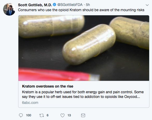 nickpwing's tweet image. FDA Commissioner Scott Gottlieb has tweeted 4 times about kratom today, sharing links “all from this week" about supposed kratom-related deaths, saying these reports are "growing in the press.” All of the stories cover the same set of deaths in Pennsylvania.