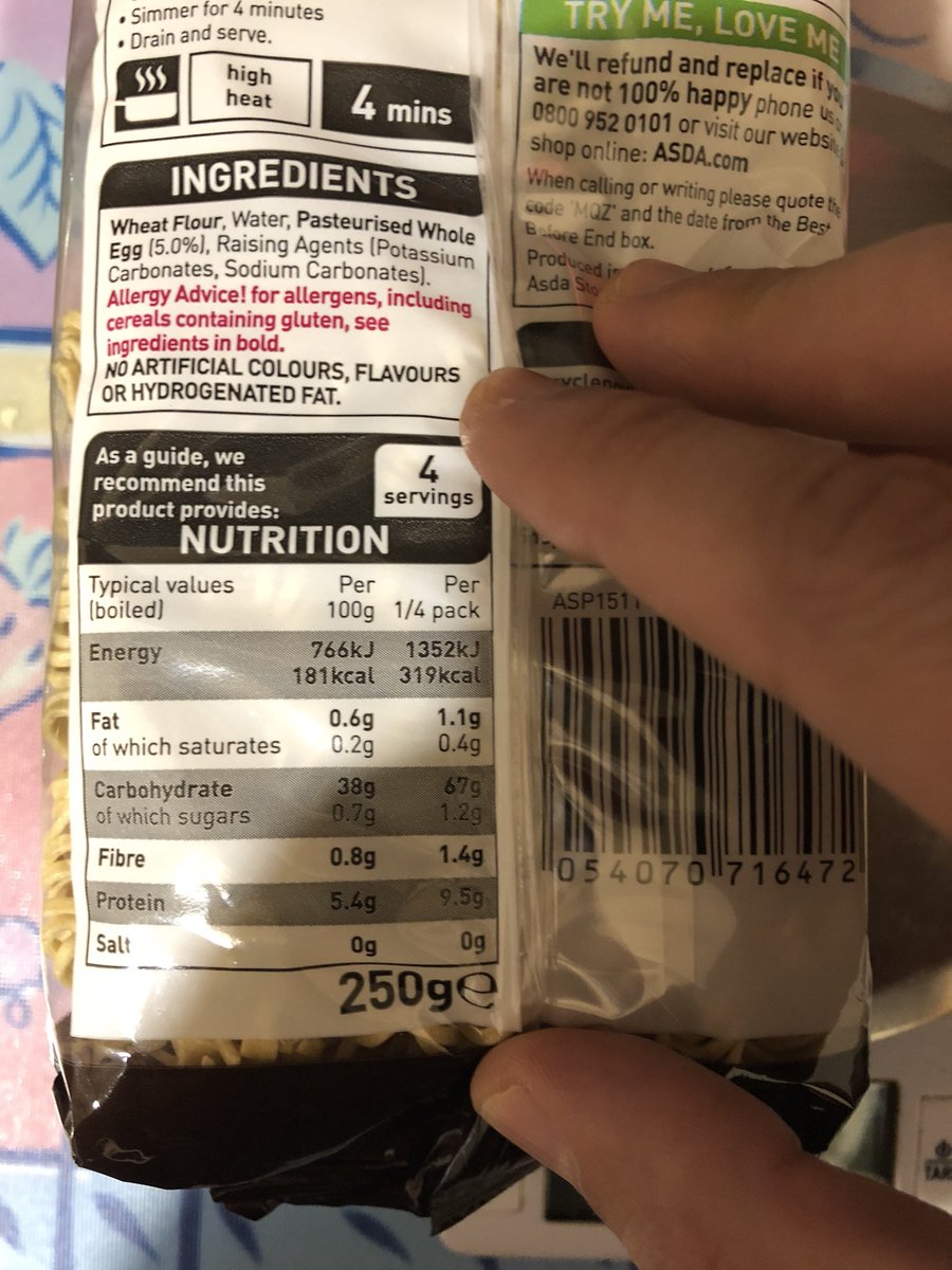 Gary_P_87's tweet photo. @AsdaServiceTeam how can 100g = 181 calories AND a quarter of a packet = 319 calories when the packet is only 250g??? Which one is right? (Egg noodles) 🤔 https://t.co/oGehj0HTE3