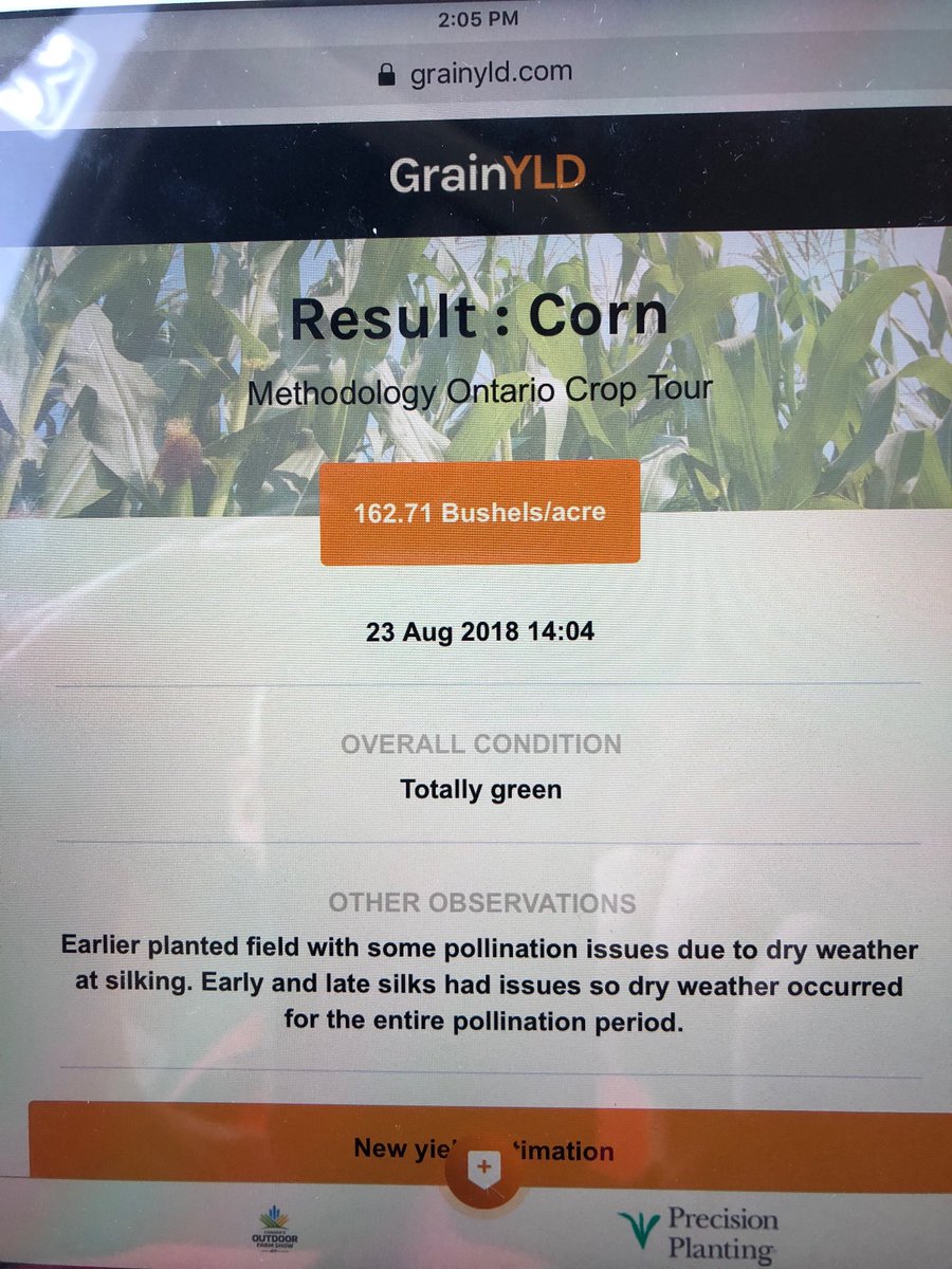 Another disappointing yield estimate from North Middlesex were dry weather was received at pollination. Field has looked good since emergence but what should be 225+ bu/ac has a yield estimate from GrainYLD of 162.71 bu/acre. #onyield18