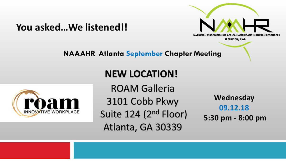 NAAAHR_ATL's tweet photo. Have you registered for the NAAAHR Atlanta Chapter September Meeting? We look forward to providing insights on "Civility In The Workplace" at a NEW LOCATION! See you at ROAM on 9/12!

Register today! https://t.co/pJ3Ikpn2zQ

#NAAAHR_ATL #HRgetConnected #HRKS https://t.co/tkGDzodc6R