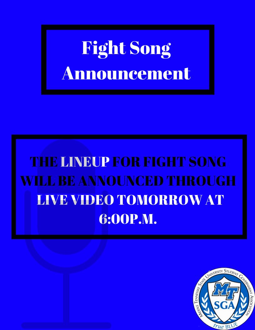 MTSUHomecoming's tweet photo. Hey Blue Raiders! School is about to start and Fight Song is quickly approaching! The Fight Song lineup will be announced through live video tomorrow at 6:00p.m! I hope you’re as excited as we are! 💙⚡️ #MTSU #mtsuhomecoming2018 #BigBlue https://t.co/PKJRonhV1n
