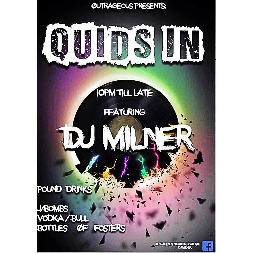 ClubOutrageous's tweet image. IT'S QUIDS IN!!!!!!!! #HAPPYTHURSDAY

£1 - Vodka RedBull
£1 - J-Bombs
£1 - Foster Bottles
£1 - Entry

See you soon - Be Safe. Be Outrageous.