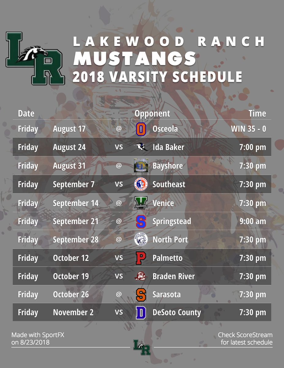 <a href="/Lakewood_Ranch/">Lakewood Ranch</a> <a href="/MustangFootball/">Lakewood Ranch Football</a> we teamed up with the AP and your schedule is done! Here is a 🏈 schedule I made with SportFX our new photo/video tool just for sports!  ➡️ scorestream.com/sportfx?rId=tws