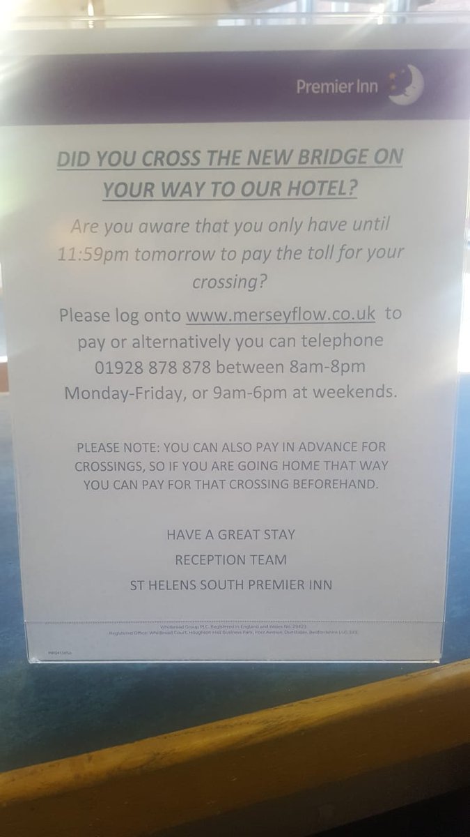 Some guests didn't realise that they had to pay to cross the new bridge... just by having this sign on the desk <a href="/StHelensSouthpi/">St. Helens South Premier Inn</a> we have helped 2 guests so far tonight from getting a fine! Well done <a href="/bevshutty/">bev shuttleworth</a> #happyguests #summerofservice <a href="/AndyFr4ncis/">AndyFr4ncis</a> <a href="/SDEBDD/">simon ewins</a> <a href="/kerrylawson16/">Kerry Lawson</a>