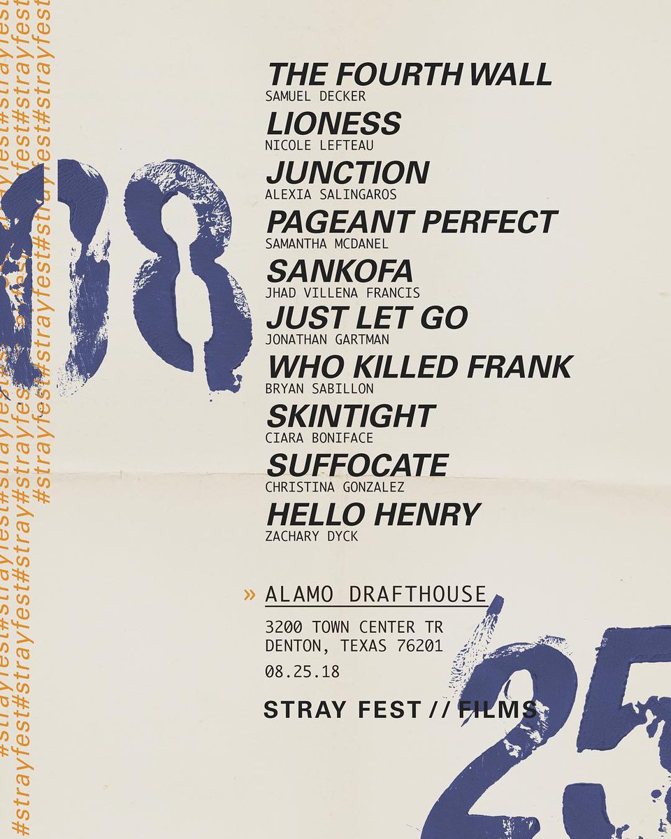 Sankofa has been accepted into Stray Fest 2018 and will screen this Saturday at the Alamo Drafthouse in Denton!

See the amazing lineup below, which includes some films by our crew @samueltdecker, <a href="/ciaraboniface/">ciara</a> (<a href="/skintightmovie/">Skintight</a>), and <a href="/ExZachly_bro/">Zachary Bayne Dyck</a> (<a href="/hellohenryfilm/">Hello Henry Film</a>).