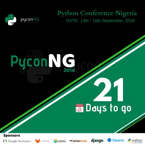 pyconnigeria's tweet image. With 21 days to go, it&apos;s exactly 3 weeks before #PyConNG2018.

Don&apos;t wait until the last moment before obtaining your #PyConNG ticket. Get it now from pycon.ng/tickets