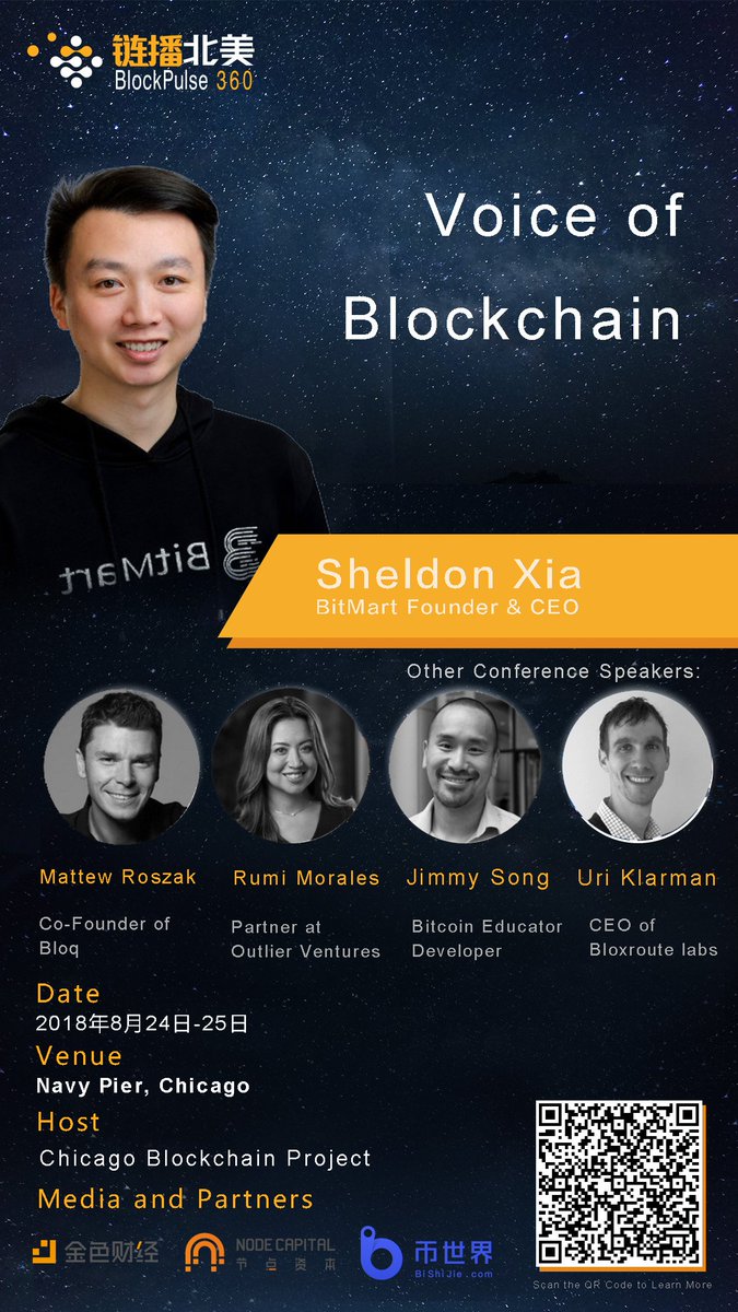 BitMart Founder and CEO Sheldon Xia will speak at The Voice of Blockchain Conference Aug. 24-25 in Chicago. He will share his industrial insights on two panels including Chinese Blockchain Ecosystem. Let us know if you’ll be there!
Details: bit.ly/2vSVvhA 
#BitMart #BMX
