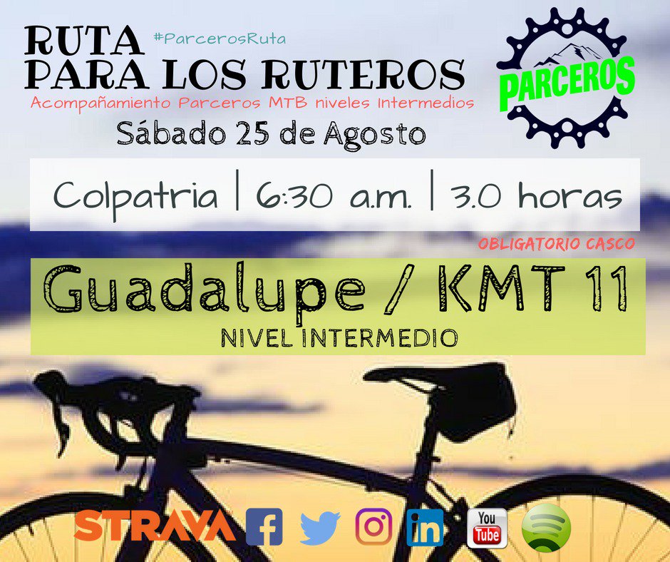 parcerosmtb's tweet image. Para todos los gustos tenemos ruta.

#ParceroRuteros nos vemos este #Sabado  25 de Agosto en el Edificio #Colpatria a las  🕡 para rodar por la ruta de #Guadalupe  🚴‍♀️🚴‍♂️
 
Vamos a seguir sumando km de amistad.

Acompañamiento de #ParcerosMTB nivel intermedio. 🚵‍♀️