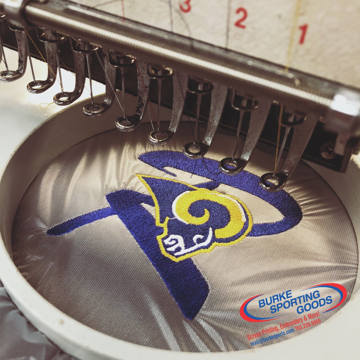 burkesports's tweet photo. A special shoutout to @RobinsonRams who just finished up locker day down the street!! Hereโs a fierce ram in progress!! #rampride #lockerday #backtoschool #embroidery #shoplocal #shopsmall #burkesports #bsg https://t.co/KUR5smV0oW