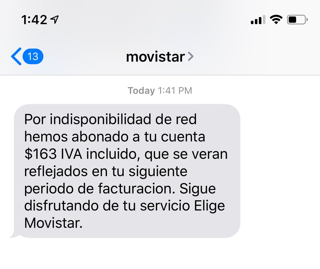 Gracias a Movistar Colombia por esta generosa devolución. Me queda la duda de cuantos segundos fue la indisponibilidad de la red y a cómo el Segundo de indisponibilidad.