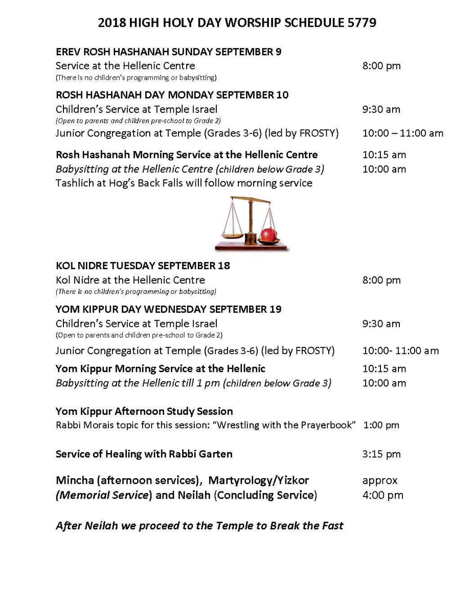 High holy days schedule for Temple Israel Ottawa