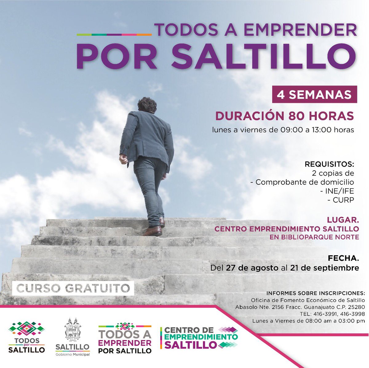 SaltilloGob's tweet photo. ¡Inscríbete al curso EMPRENDEDORES! 
Ubicación: Centro de Emprendimiento Saltillo (Biblioparque Norte)
Curso: Semanal (80 horas)
Más informes comunícate al Tel.416-3991 y 98 https://t.co/aPGHcXFm93