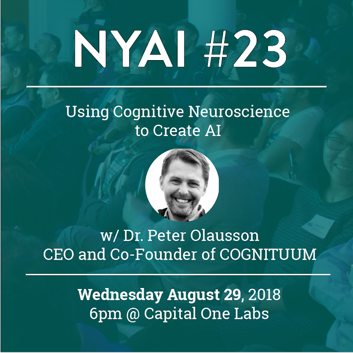 NYAICommunity's tweet photo. At NYAI 23, Dr. Peter Olausson from @COGNITUUM will discuss cognitive neuroscience and how to use it to create AI. Come Wednesday, August 29th to join the conversation! https://t.co/NwO0P0ZDdA #NYAI #AI https://t.co/s3AAmA5otU