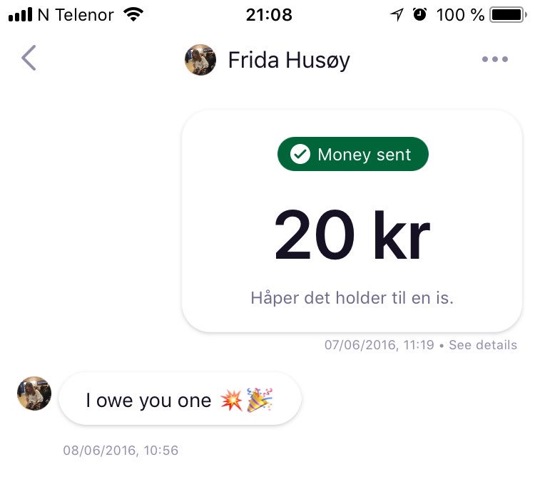 cloveras's tweet image. #minførstevipps var visst til @FridaHusy, som et svar på en Twitter-spøk? Og nå jobber jeg i Vipps. What a time to be alive! #vipps @Vipps_no