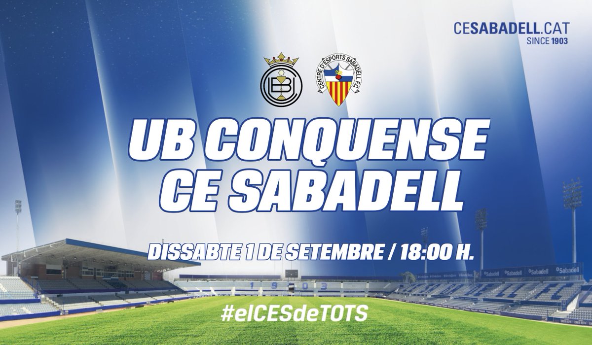 OFICIAL | #UBCvsCES

🏆#2bg3 - #Jornada2
⚽️ <a href="/UBConquense/">UB Conquense</a> - <a href="/CESabadell/">CE Sabadell 🧅</a> 
📆 Dissabte, 01/09/2018
🕧 18:00 hores
🏟 La Fuensanta

 #elCESdeTOTS