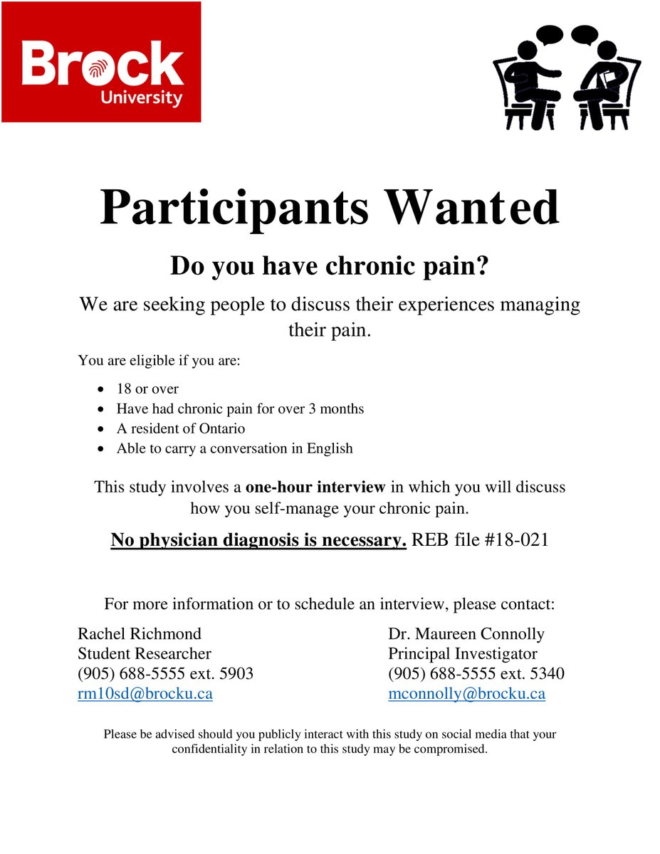 Do you have #ChronicPain and want to tell your story for #Research? Contact rm10sd@brocku.ca or see the attached poster for details! #Spoonie #ShareOurPain #PainSupport REB # 18-021 @BrockUResearch