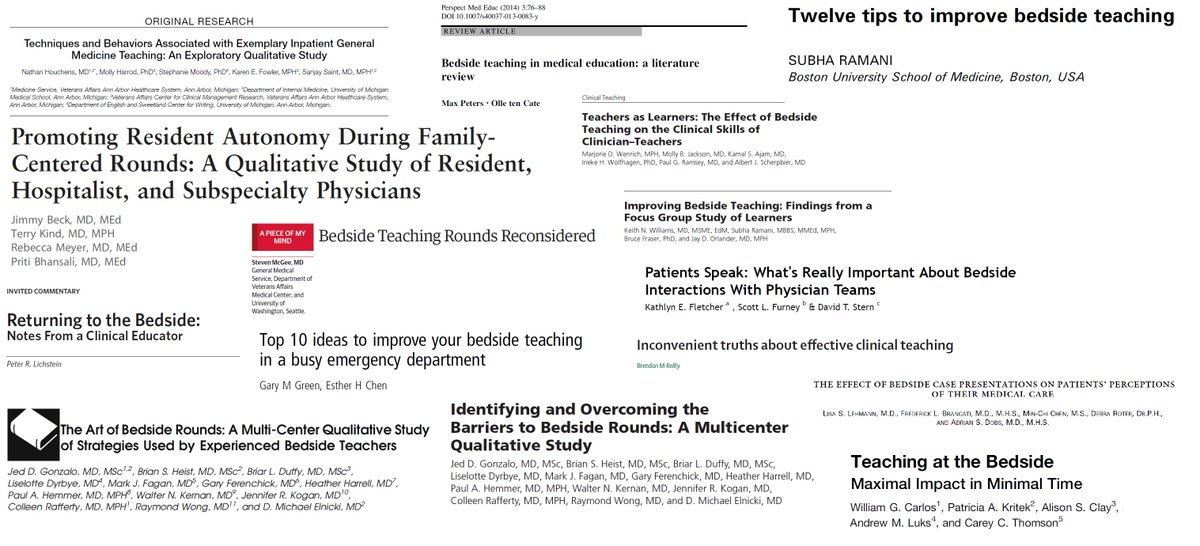 <a href="/MGottliebMD/">Michael Gottlieb</a> <a href="/TChanMD/">Teresa Chan | 陳敏怡</a> <a href="/CoatesMedEd/">Wendy Coates, MD</a> <a href="/EMEducation/">Rob Cooney, MD, MEd</a> @MikeGisondi @chitwngurl <a href="/dmitripapa/">Dimitri Papanagnou 🏳️‍🌈</a> <a href="/elewMD/">edward lew</a> @mikepaddock @ericshappell <a href="/ALiEMFac/">Faculty Incubator</a> <a href="/sreeja_natesan/">Sree Natesan, MD (she/her)</a> <a href="/akingermd/">Andrew King</a> @rbyyny Define "bedside teaching." Some consider all "just-in-time" teaching in clinical care to be "bedside," while I stand firmly in the "teaching in the presence of the patient" camp. Here are some key articles, just a sampling. #meded <a href="/Bedsidemedicine/">Bedside</a>