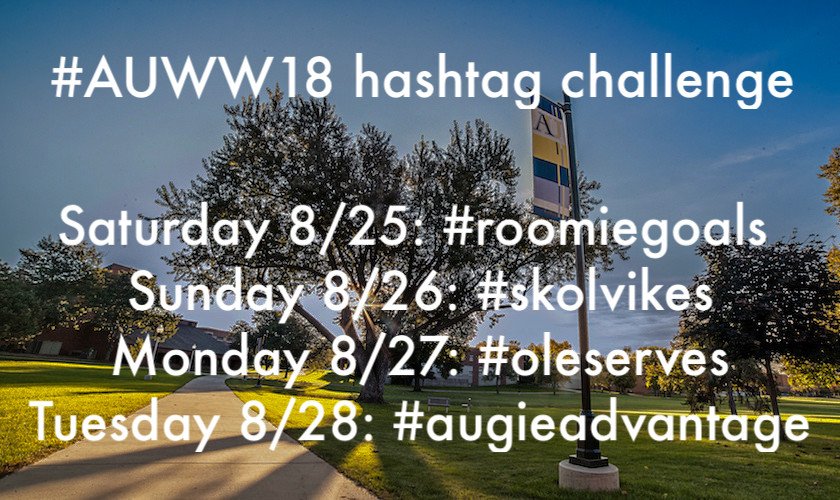 WelcomeVikings's tweet image. Participate in Welcome Week’s #hashtagchallenge by posting pictures during welcome week! Use our hashtag for the entire week #AUWW18 in addition to the hashtag of the day for a chance to win prizes and get your pictures featured around campus.