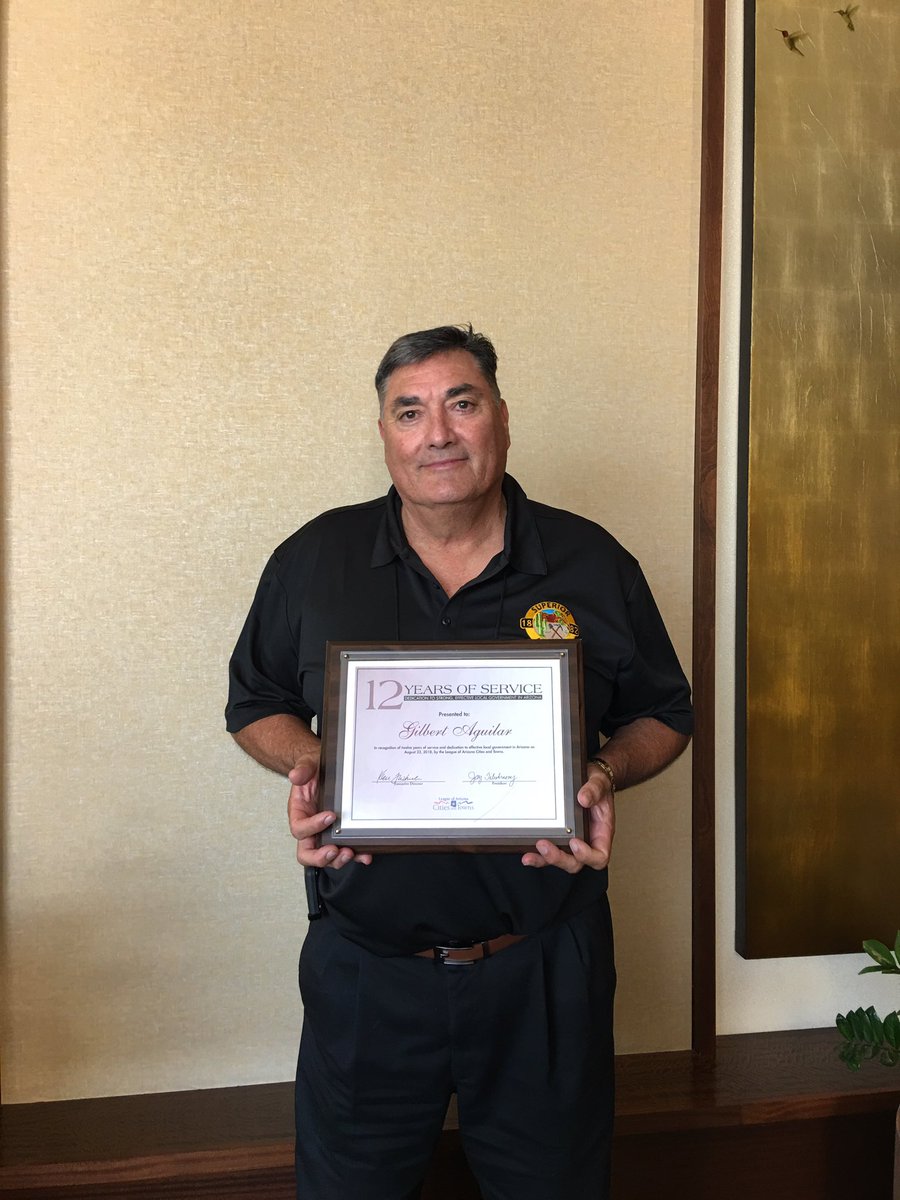 Mayor_Mila's tweet photo. Congratulations to Councilmember Gilbert Aguilar for his 12 years of Service to the Superior Town Council. He was recognized by the @AzCities #LACT18 #WeAreSuperiorAZ https://t.co/jodcLrGYBc