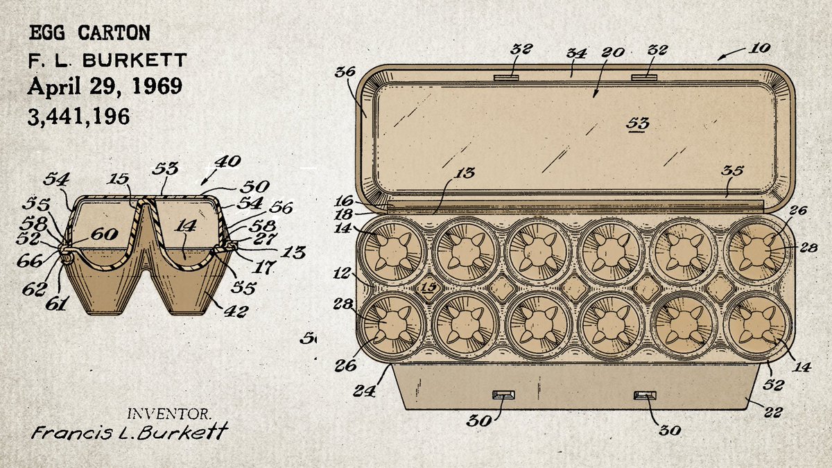Inventors from the last century greatly increased our chances of bringing eggs home safely. In 1969, F. Burkett received a #patent for this egg carton that featured "adequate structural and shock protection properties" + a "secure latch mechanism between its tray and cover". #TBT