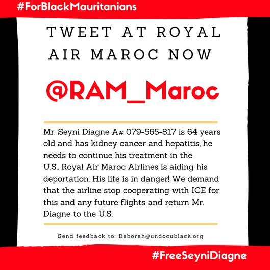 UndocuBlack's tweet photo. Update - It's important that we continue to pressure airlines and airport agents to not enable ICE’s inhumane acts. 
Tweet @royalairmaroc  and hold them accountable for the role they played in deporting Seyni.

#FreeSeyniDiagne
#ForallMauritanians

#TweetandRT https://t.co/fO1yAMLEsS