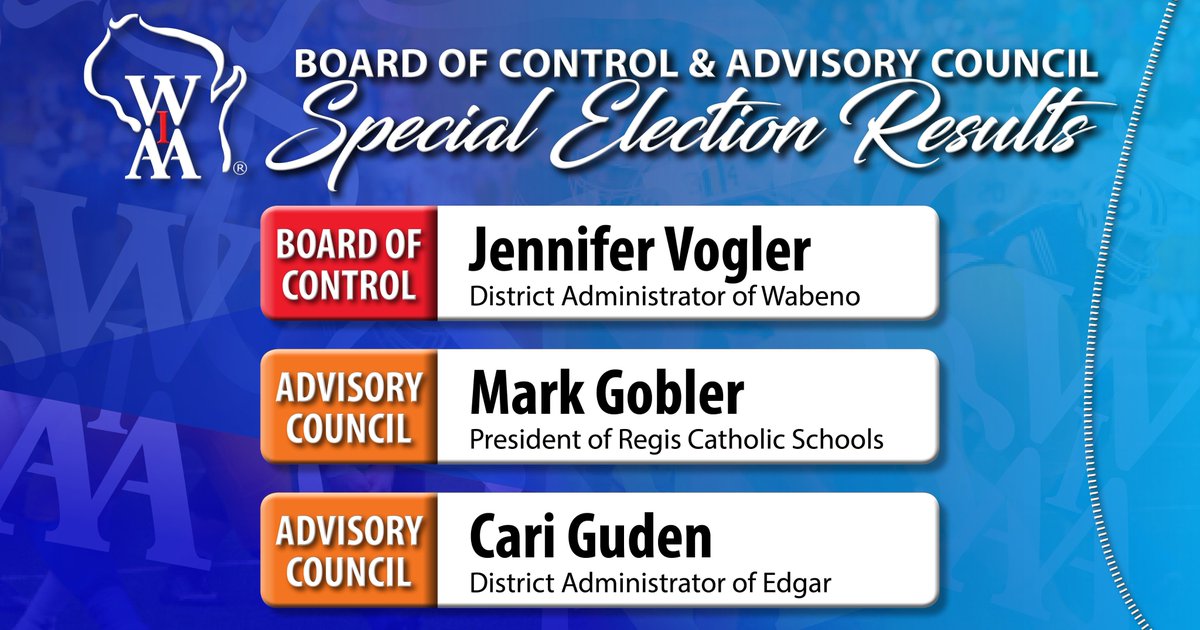 Congratulations to these individuals on earning their place on the WIAA Board of Control &amp; Advisory Council in this year's special election. We look forward to working with you &amp; thank you for your leadership in high school athletics for Wisconsin!