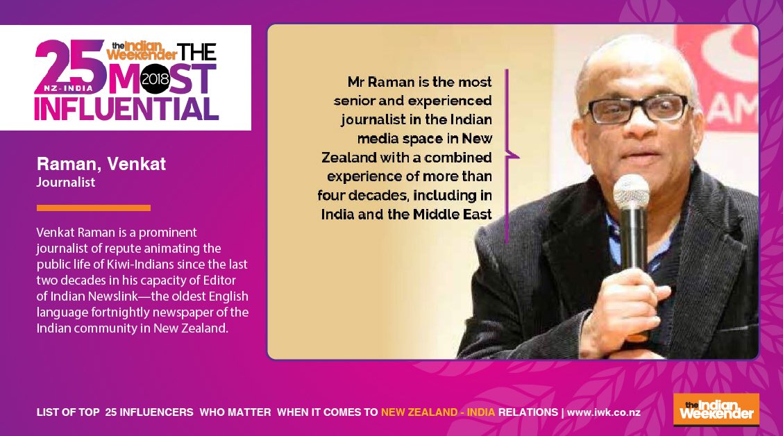 Venkat Raman of @indiannewslink was in the list of the 25 Most influential people who matter in the India - NZ relationship; released today by the PM of NZ The Rt Hon @jacindaardern 
#KIHOF18 
@IndiainNZ @priyancanzlp @bakshiks @michaelwoodnz @JennySalesa