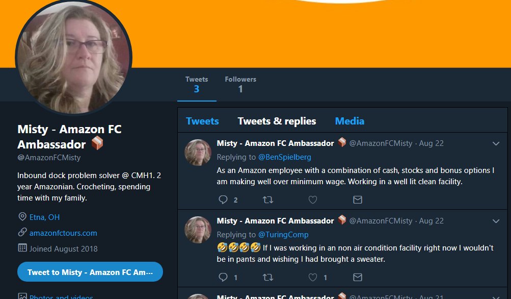 Choplogik's tweet image. This week Amazon started creating astroturf accounts that search &amp;amp; reply to tweets criticizing Amazon's working conditions, a normal &amp;amp; regular thing companies do.