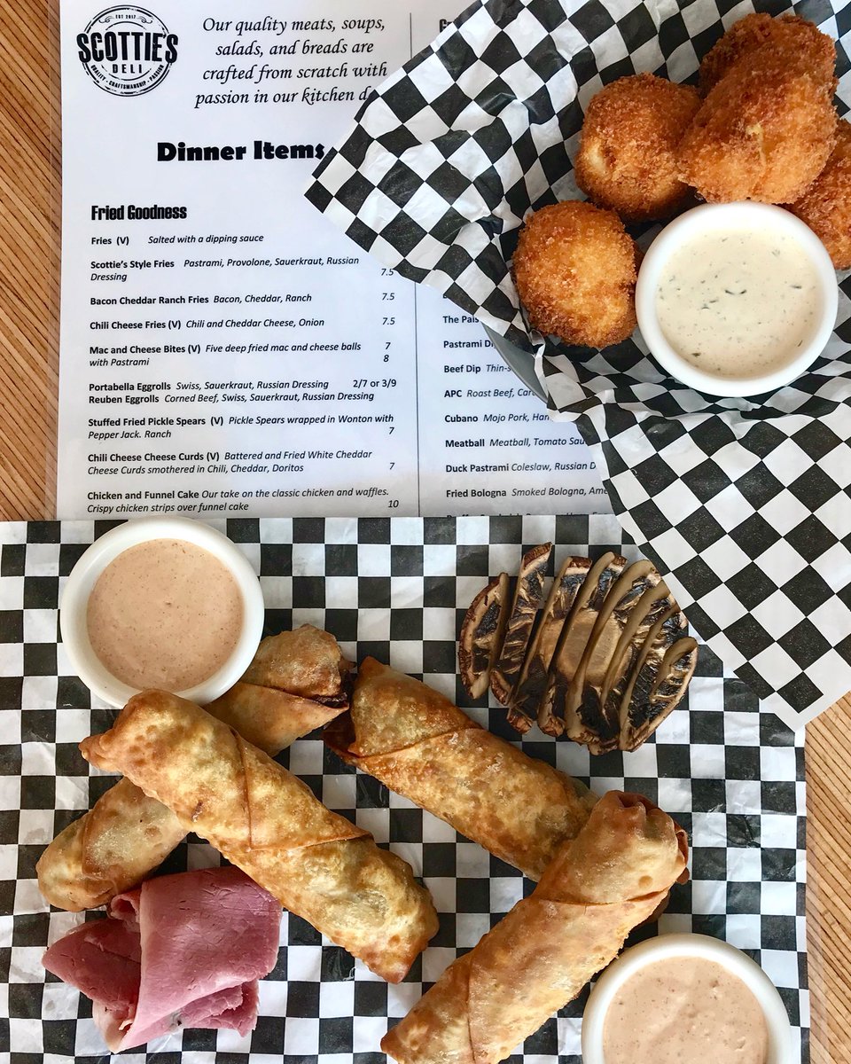 ScottiesDeliOKC's tweet photo. 💥New Dinner Menu💥 rolls out on Monday. Holla!! Come get your hands on some Fried Goodness! Our Mac and Cheese Bites with Pastrami...and Portabello or Reuben Eggrolls are going to rock your world! 🤤🤤
#newdinnermenu #friedgoodness #scottiesdeliokc #uptown23rd #okcfoodie #okc https://t.co/fOQODUYnd7