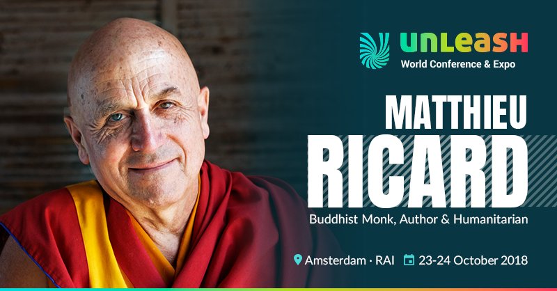 We are truly delighted that <a href="/MatthieuRicard/">Matthieu Ricard</a>, French Author and #Buddhist Monk will be the closing keynote at UNLEASH World Conference &amp; Expo in Amsterdam to address #happiness and altruism at work. #MatthieuRicard @matthieu_ricard  buff.ly/2KvSrBe