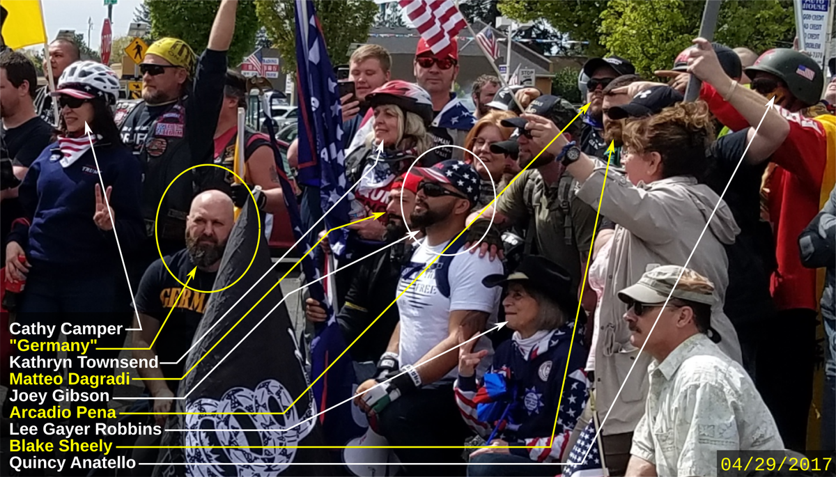 "Germany" is a member of the PDX Stormers neo-Nazi organization who has attended a number of Joey Gibson's Patriot Prayer rallies in order to spread hateful propaganda. more info here: 1.  https://rosecityantifa.org/articles/gibson-allows-white-supremacists-to-stage-photo-op/#germany 2.  https://rosecityantifa.org/articles/12-09-17-report-back/#germany