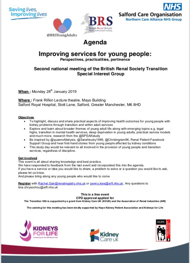 BRSYoungAdults's tweet photo. V excited to release the agenda for the 2nd @BRSYoungAdults Transition SIG meeting on 28th Jan! @SalfordRoyalNHS @SRFTRenal.  

Fantastic line up of speakers incl @queenofdialysis @Sarahlouby1986 @ChrisIngram96 @_ajhamilton @DrMikeFarquhar 

Register now with @RachelMGair! https://t.co/HT3mhAhHky