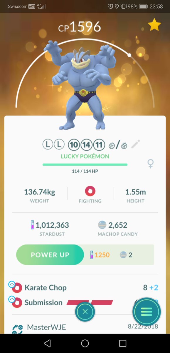 ZzRamonLPzZ's tweet image. My new double #legacymove #LuckyPokemon #Machamp!

IV: 77.8%
CP: 1596
Lettering: ⓁⓁ ⑩⑭⑪ ✊/✊
Weight: 136.74 kg
Height: 1.55 m
Fast move: Karate Chop (8) ✝
Charge move: Submission (60) ✝
Caught: 11/21/2016 Bunkyō-ku, Tokyō-to, Japan

Thx to MasterWJE! 

#PokemonGO