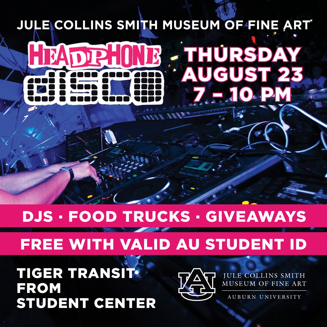 PlainsmanPromos's tweet photo. The Jule Collins Smith Museum of Fine Art wants to remind students about the Headphone Disco event today from 7-10 p.m. There will be a Tiger Transit available from the Student Center to the museum. https://t.co/2YwRQjYQzp