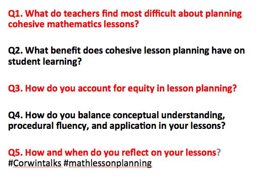 bkobett's tweet image. If you are participating in the TwitterChat and want a heads up on the questions, here you go!
#mathlessonplanning #Corwintalks