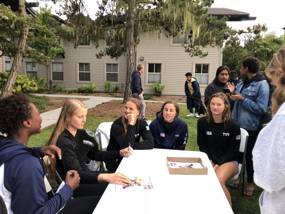 Stanfordh2opolo's tweet photo. USA-Aust yesterday at @stevensonschool.  Fun cheering on Team USA especially our @Stanfordh2opolo crew (Fish, Aria, Maggie, Kiley, Jamie &amp; Jordan). #GoStanford https://t.co/WKMsbU05wX